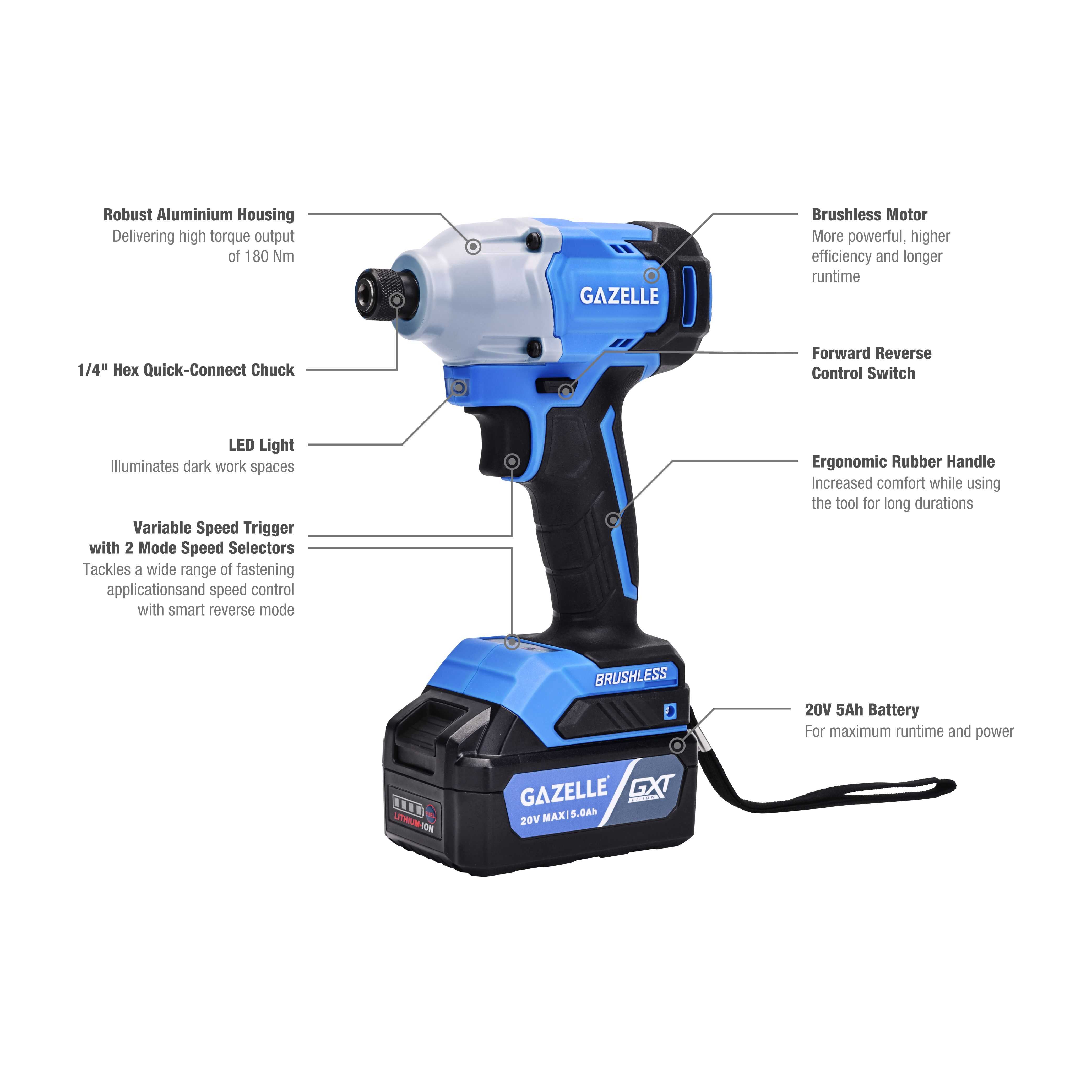 Gazelle 20V 1 4 In. Cordless Impact Driver 180Nm 2 Speed Brushless Motor with 2 x 5.0Ah Li Ion Batteries GC2032 Shop Online at Best Price in UAE